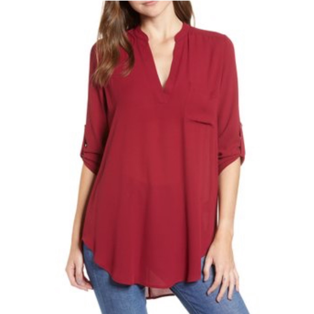 23rdSt Red Blouse Tunic Button Sleeve V-Neck 🏆